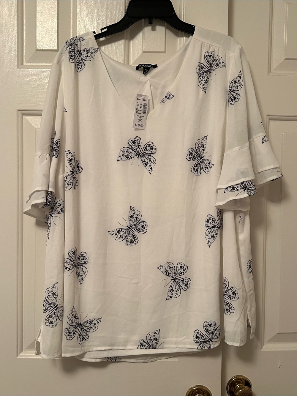 Roz & Ali Dressbarn Plus 3X White Butterfly Flutter Sleeve Chiffon Blouse NWT
